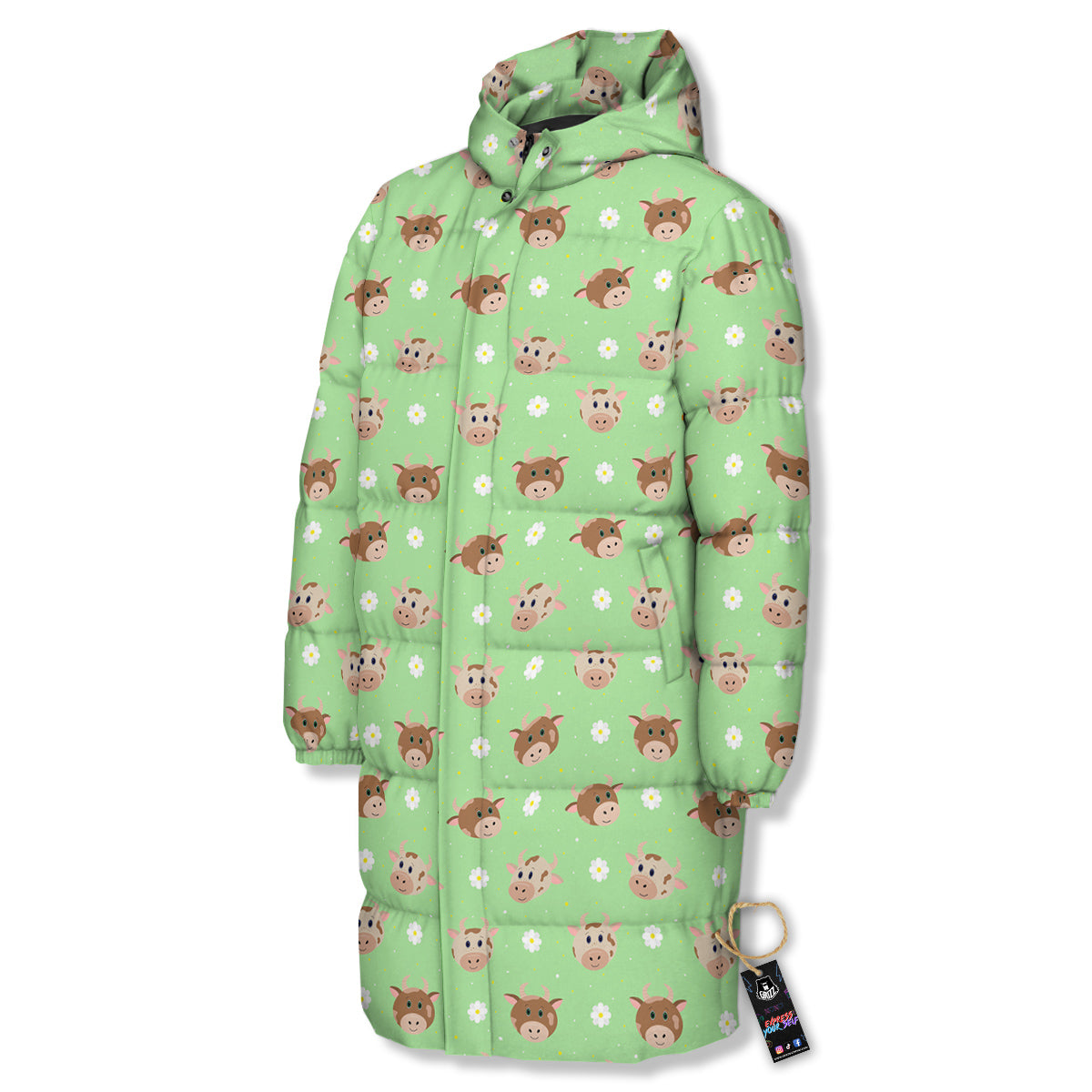 Cow Cartoon And Daisy Flower Print Long Down Jacket-grizzshop