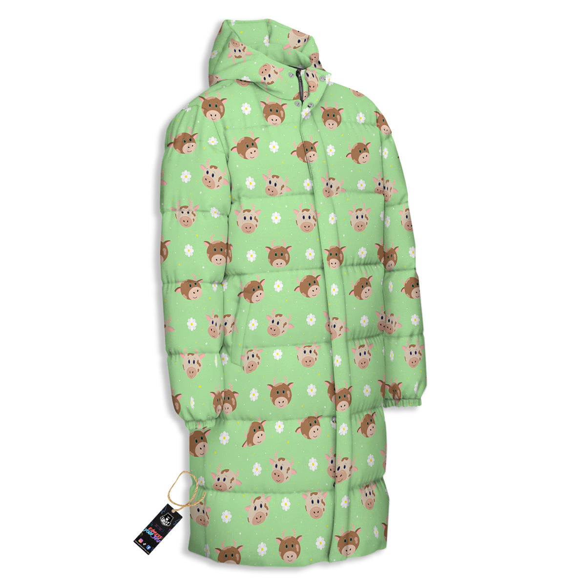 Cow Cartoon And Daisy Flower Print Long Down Jacket-grizzshop
