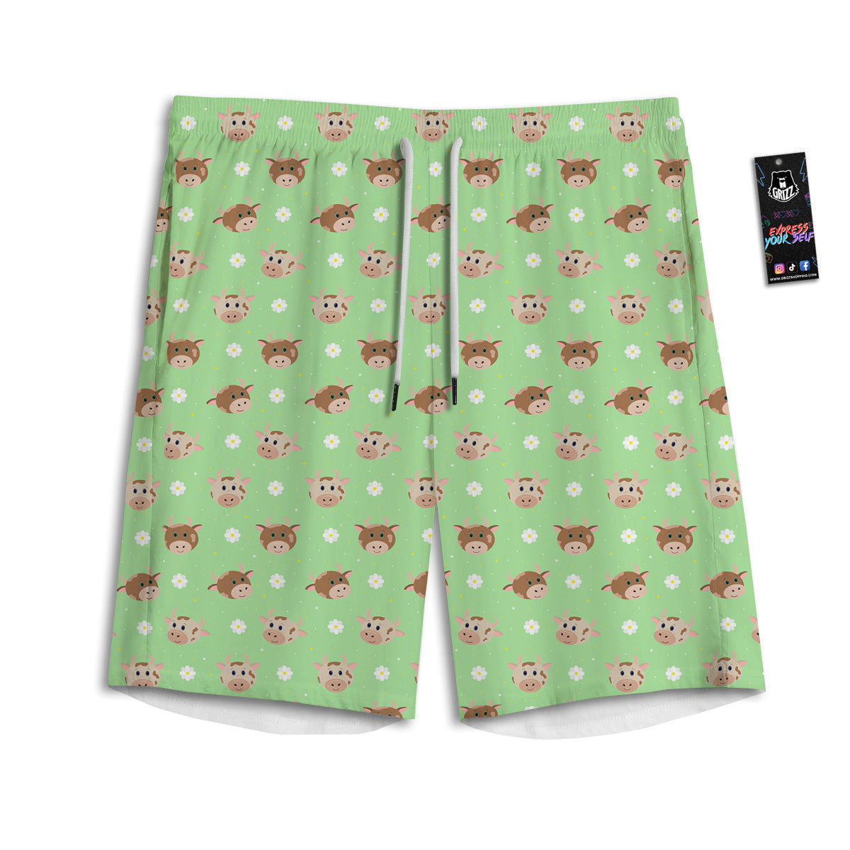 Cow Cartoon And Daisy Flower Print Men's Athletic Shorts