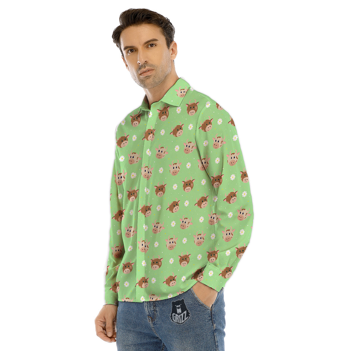Cow Cartoon And Daisy Flower Print Men's Dress Shirts-grizzshop