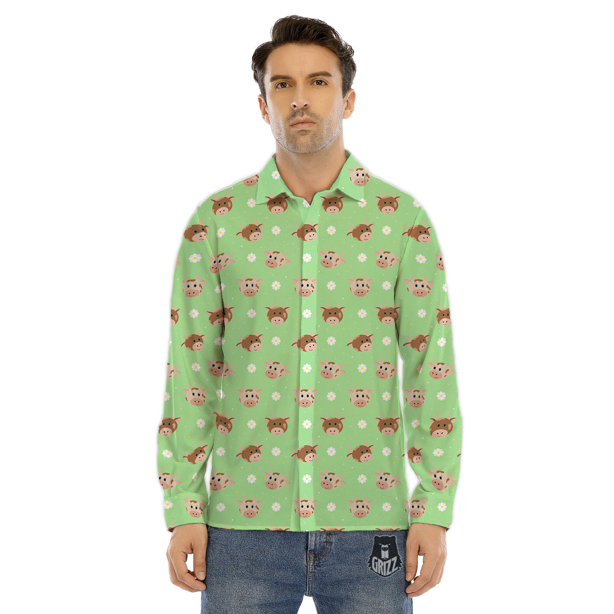 Cow Cartoon And Daisy Flower Print Men's Dress Shirts-grizzshop