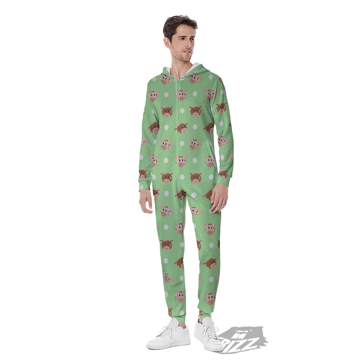 Cow Cartoon And Daisy Flower Print Men's Jumpsuit-grizzshop