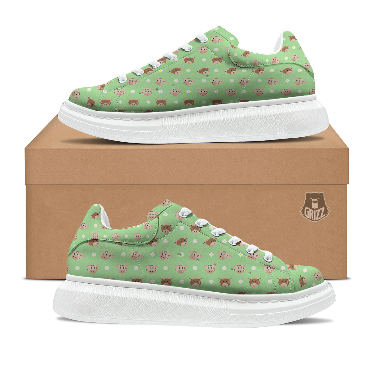 Cow Cartoon And Daisy Flower Print Platform Shoes-grizzshop