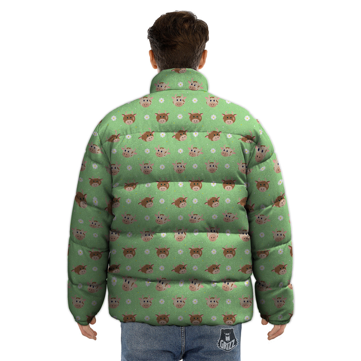 Cow Cartoon And Daisy Flower Print Puffer Jacket-grizzshop