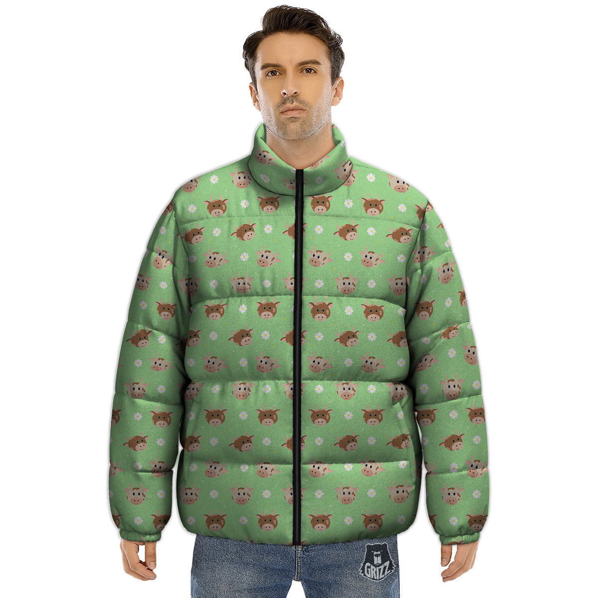 Cow Cartoon And Daisy Flower Print Puffer Jacket-grizzshop