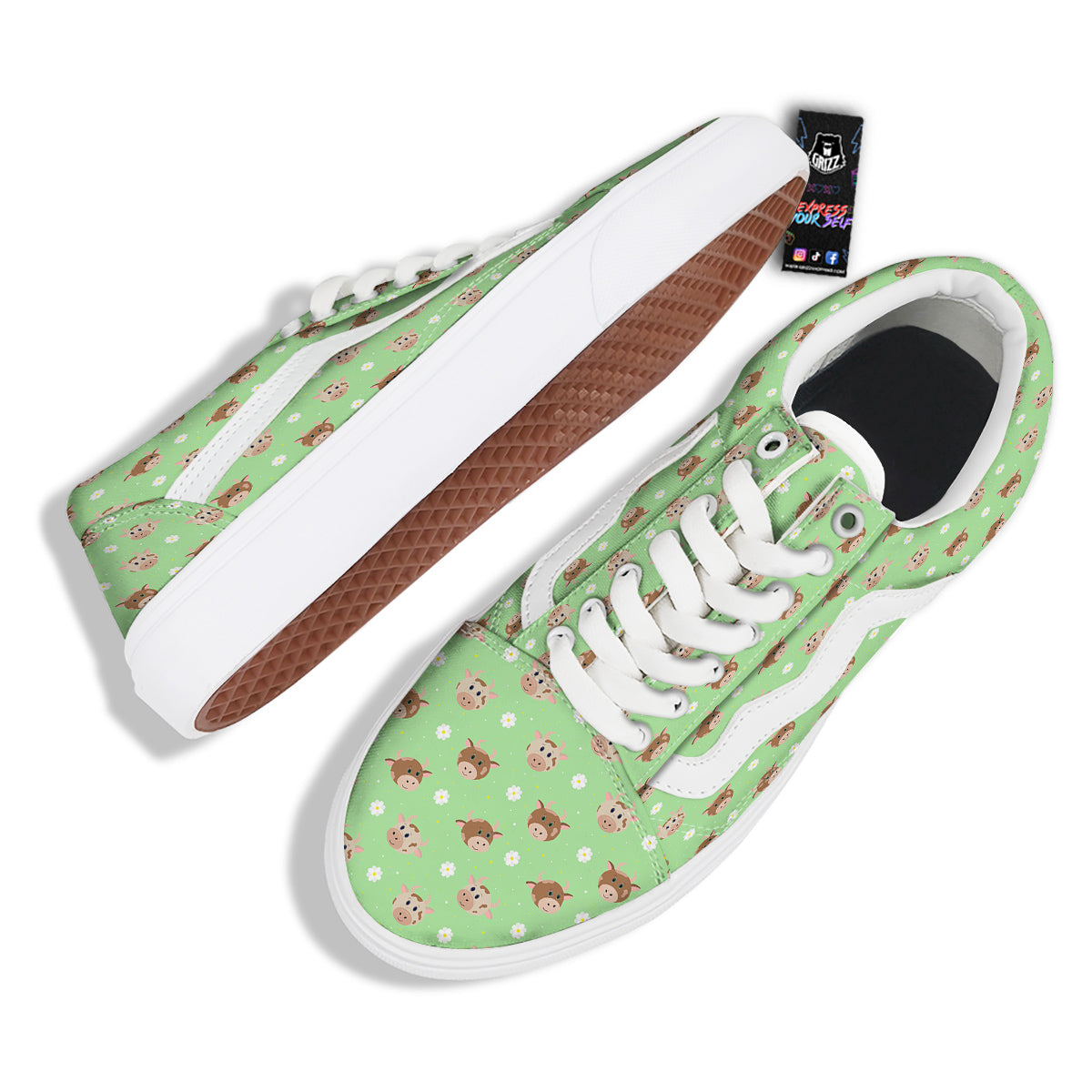 Cow Cartoon And Daisy Flower Print Skate Shoes-grizzshop