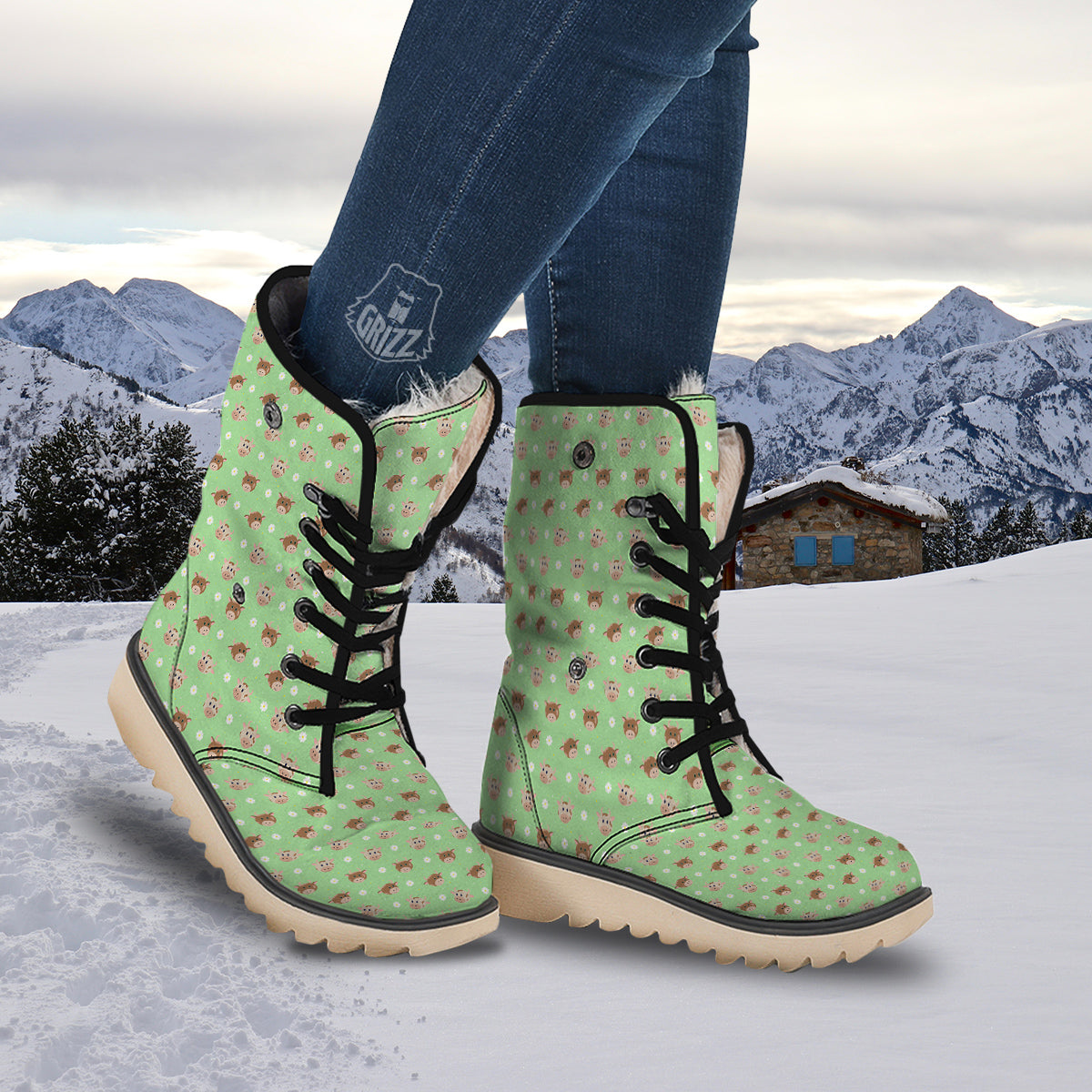 Cow Cartoon And Daisy Flower Print Snow Boots-grizzshop
