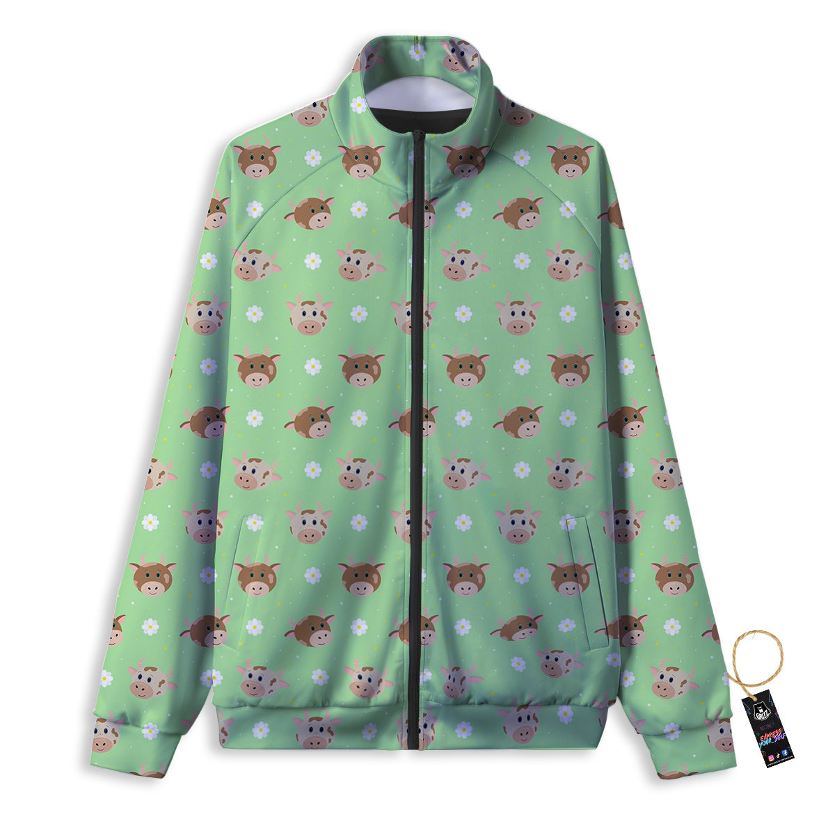 Cow Cartoon And Daisy Flower Print Track Jacket-grizzshop