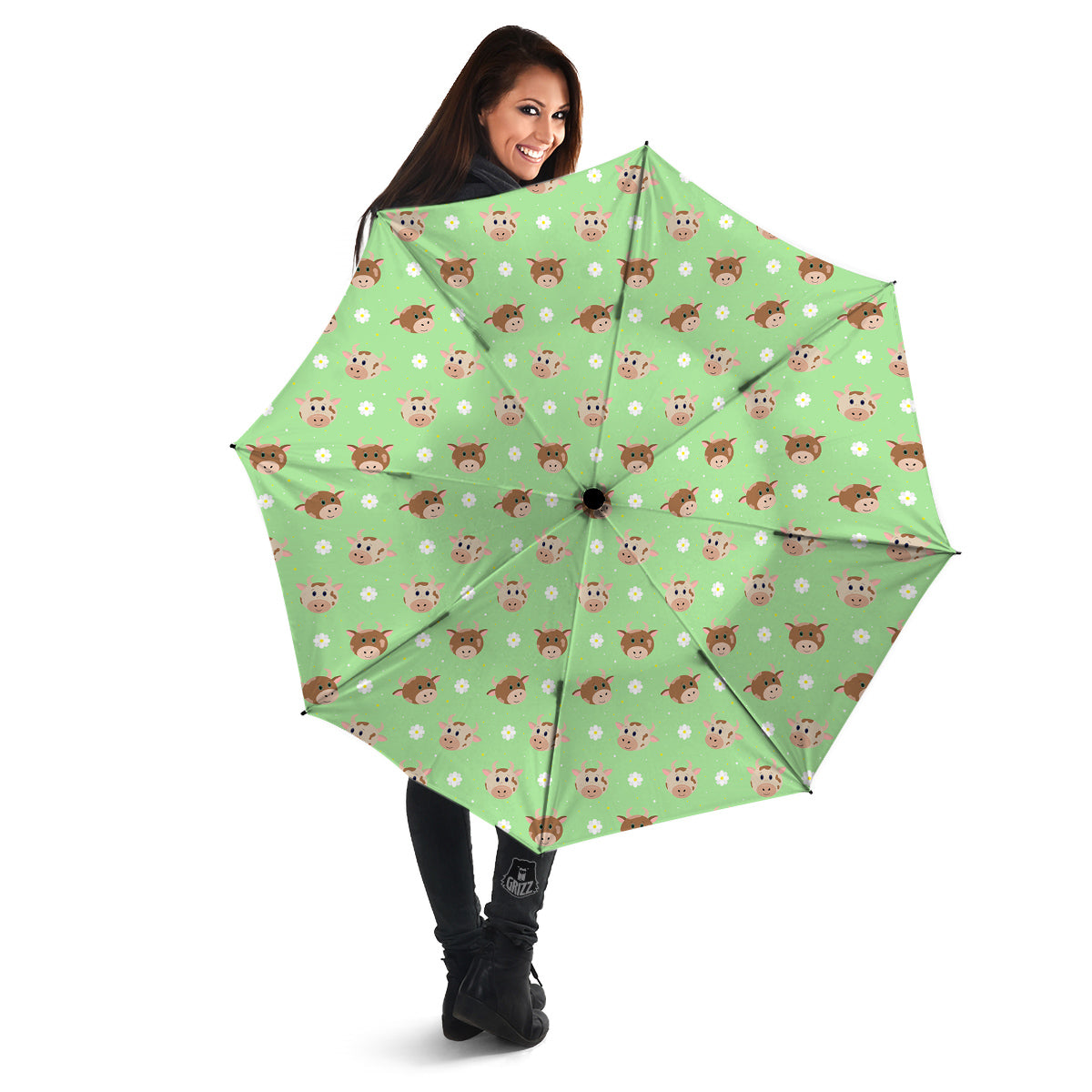 Cow Cartoon And Daisy Flower Print Umbrella-grizzshop