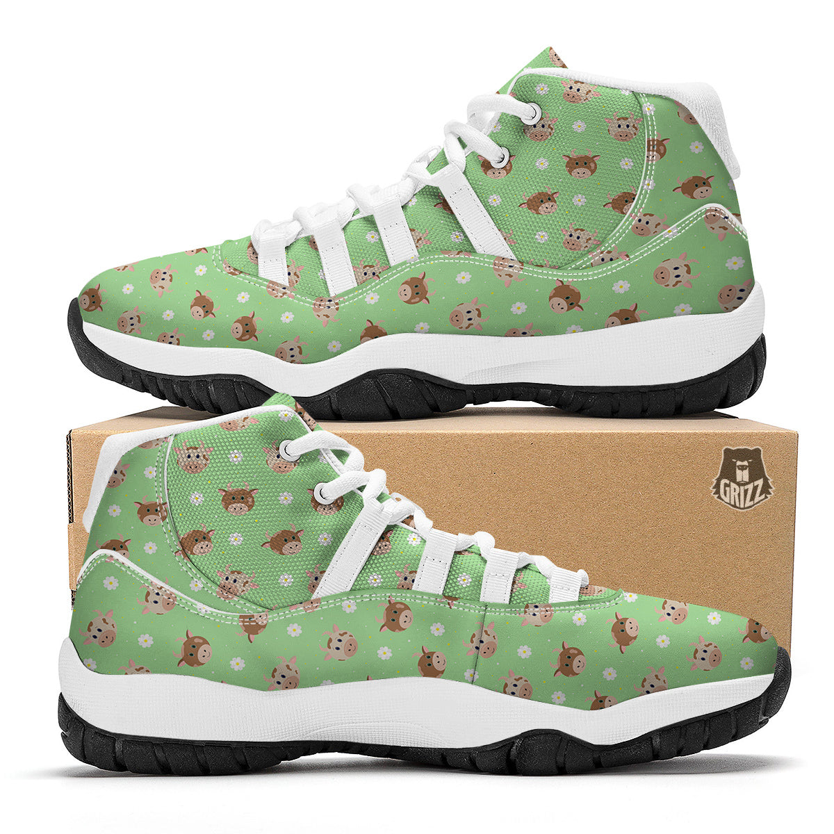 Cow Cartoon And Daisy Flower Print White Bball Shoes-grizzshop