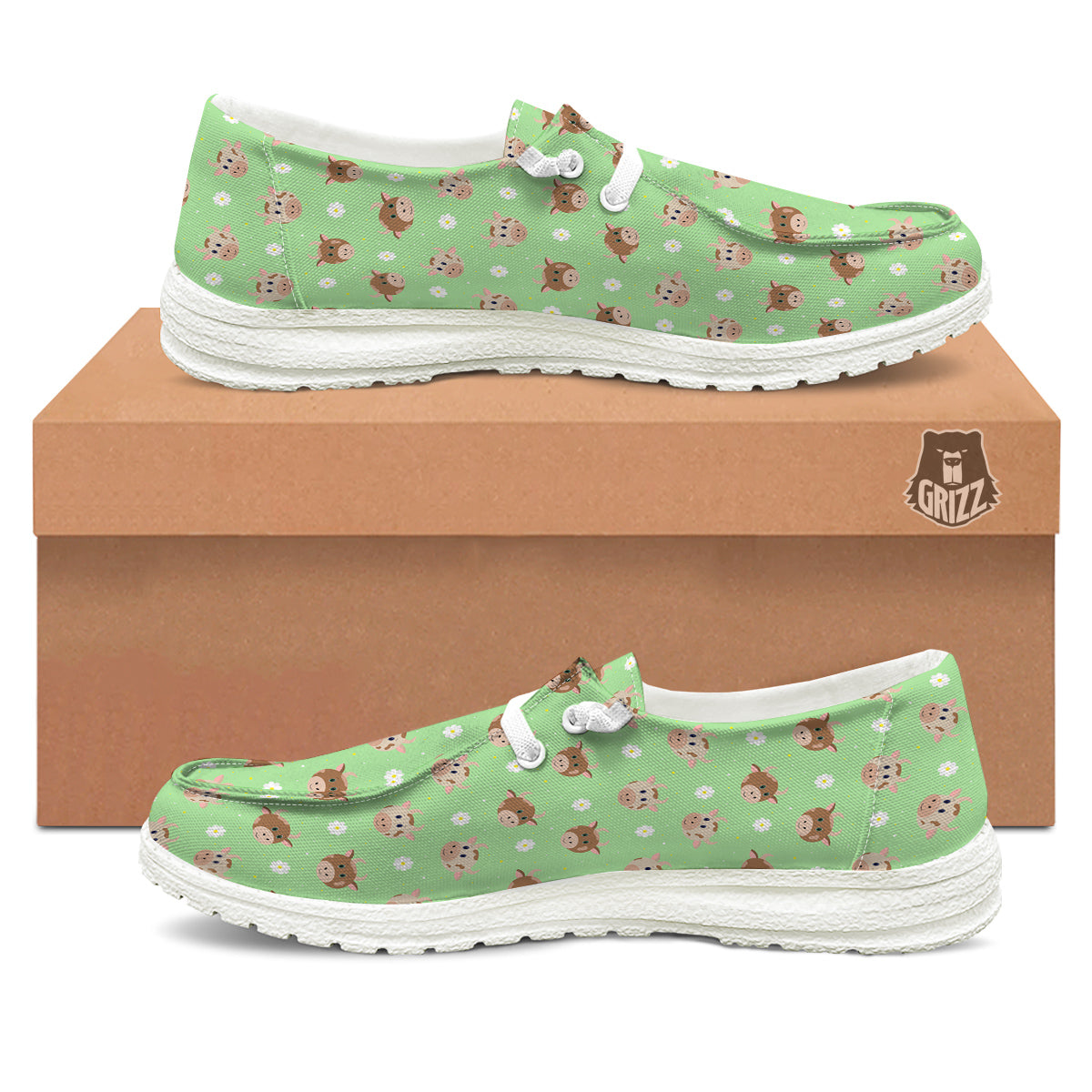 Cow Cartoon And Daisy Flower Print White Loafers-grizzshop