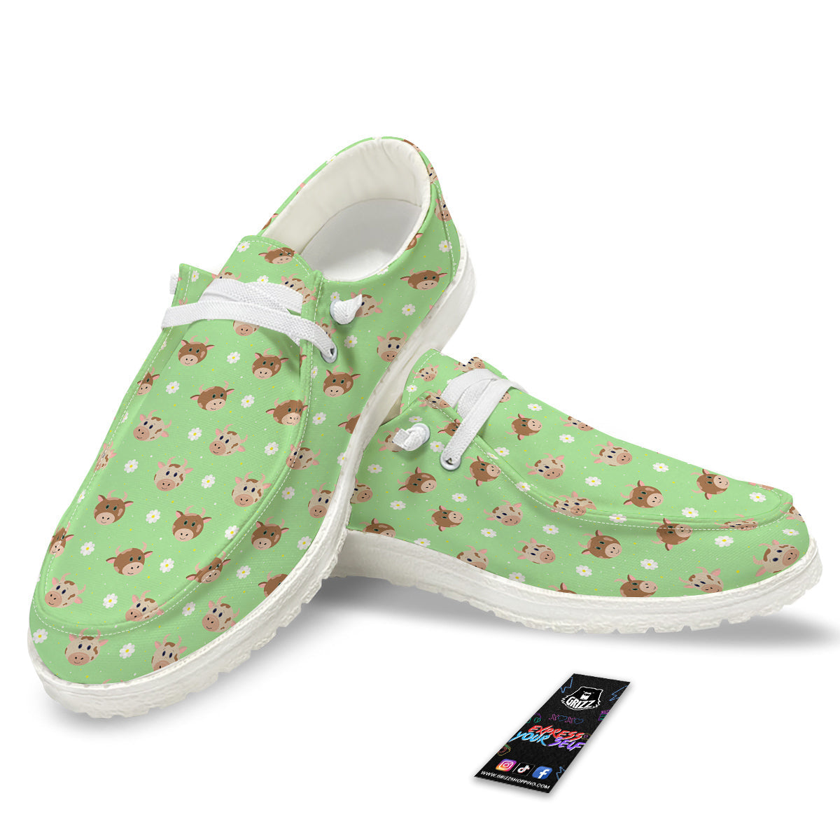 Cow Cartoon And Daisy Flower Print White Loafers-grizzshop