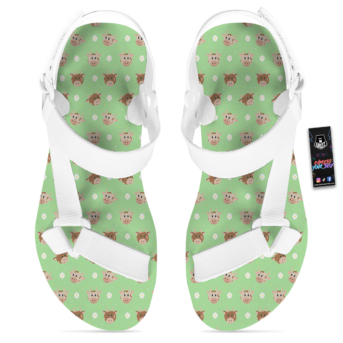 Cow Cartoon And Daisy Flower Print White Open Toe Sandals-grizzshop