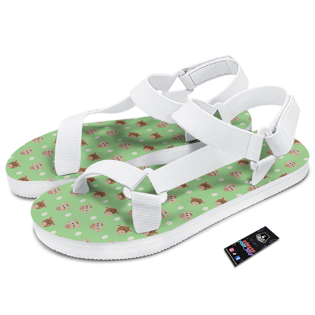 Cow Cartoon And Daisy Flower Print White Open Toe Sandals-grizzshop