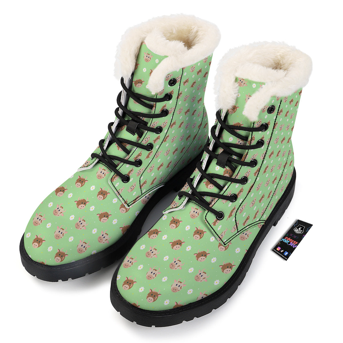 Cow Cartoon And Daisy Flower Print Winter Boots-grizzshop