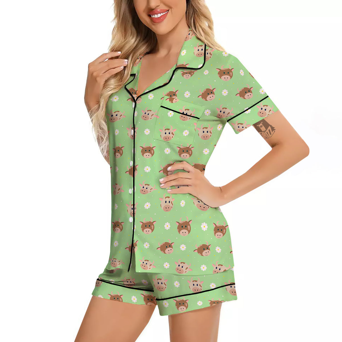 Cow Cartoon And Daisy Flower Print Women Silk Pajamas-grizzshop