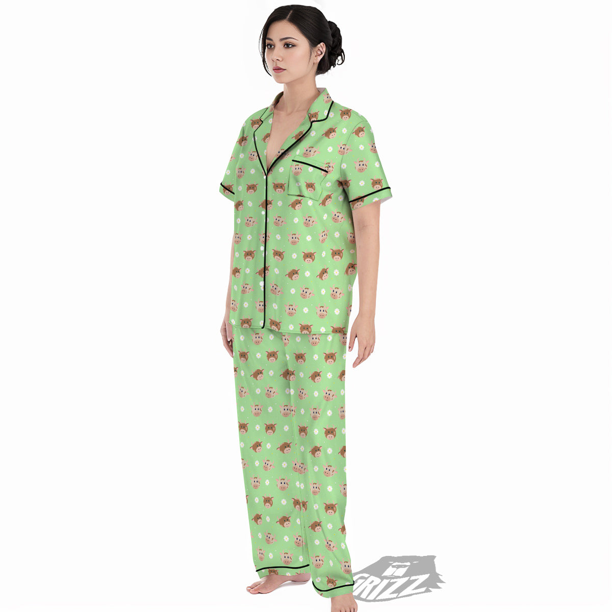 Cow Cartoon And Daisy Flower Print Women's Pajamas Set-grizzshop
