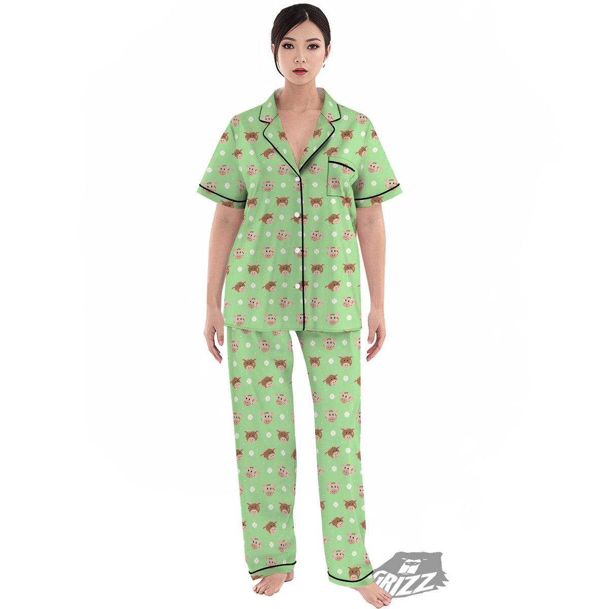 Cow Cartoon And Daisy Flower Print Women's Pajamas Set-grizzshop