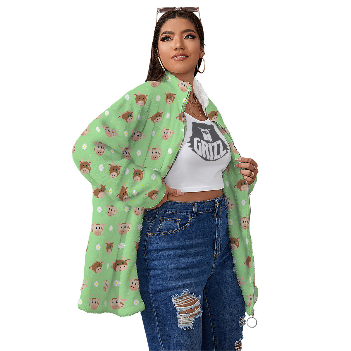 Cow Cartoon And Daisy Flower Print Women's Sherpa Jacket-grizzshop