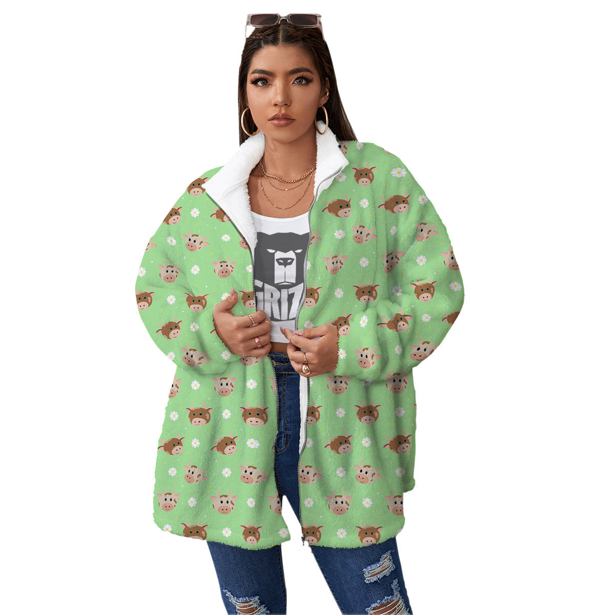 Cow Cartoon And Daisy Flower Print Women's Sherpa Jacket-grizzshop