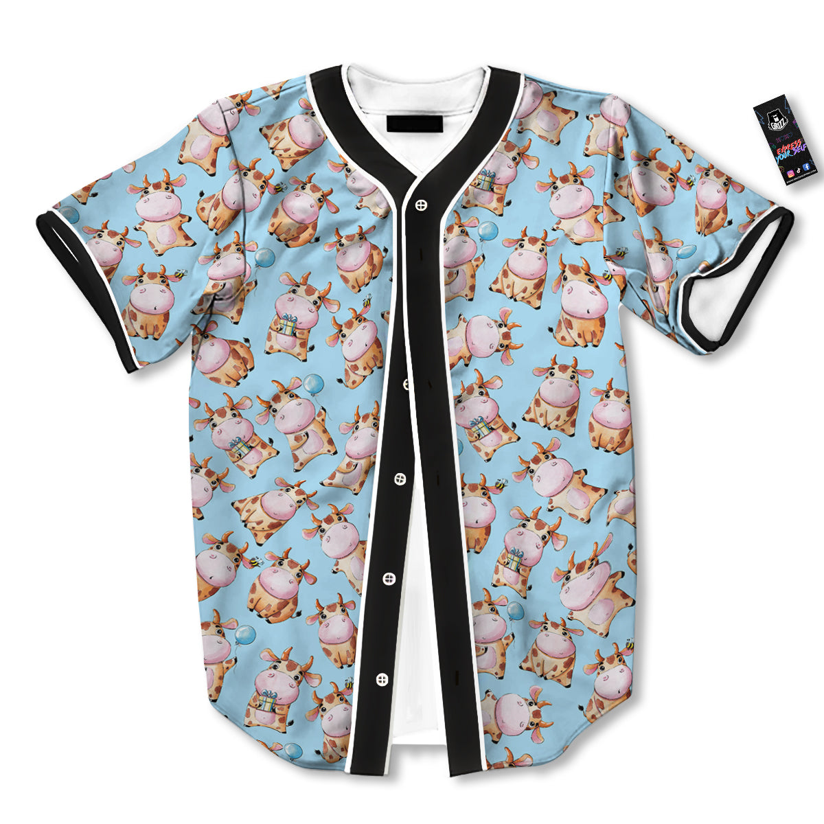 Cow Cartoon Watercolor Print Pattern Baseball Jersey-grizzshop