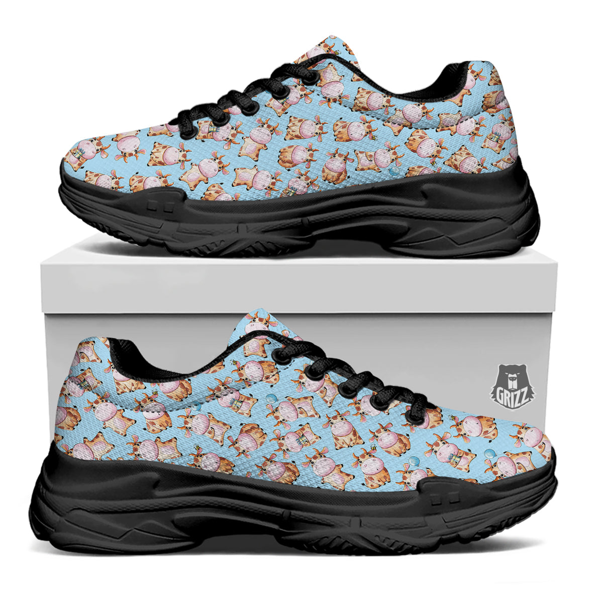 Cow Cartoon Watercolor Print Pattern Black Chunky Shoes-grizzshop