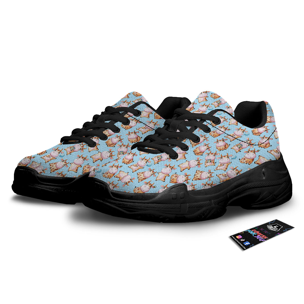 Cow Cartoon Watercolor Print Pattern Black Chunky Shoes-grizzshop