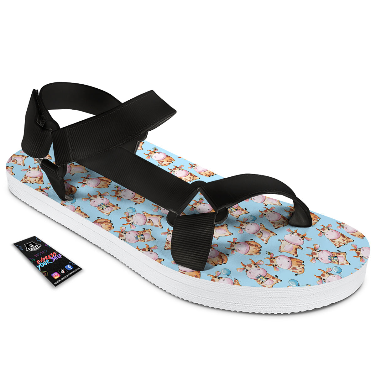 Cow Cartoon Watercolor Print Pattern Black Open Toe Sandals-grizzshop