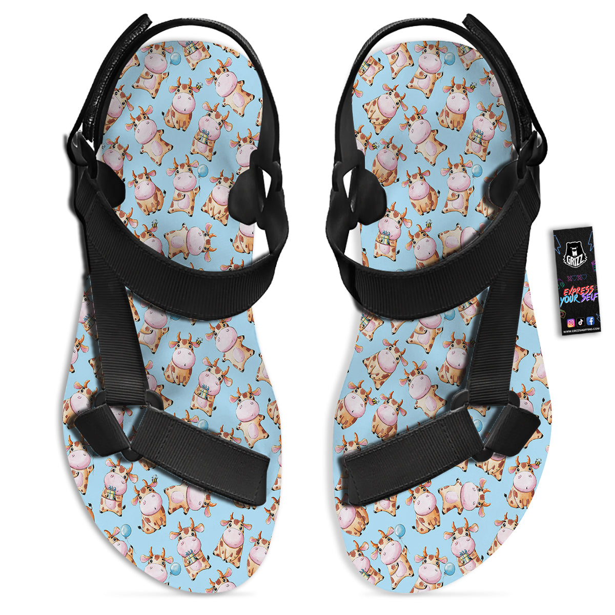 Cow Cartoon Watercolor Print Pattern Black Open Toe Sandals-grizzshop