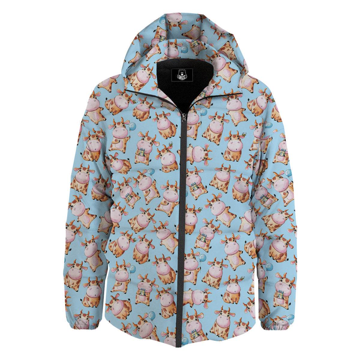 Cow Cartoon Watercolor Print Pattern Down Jacket-grizzshop
