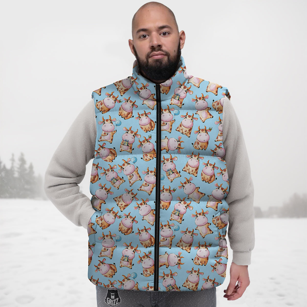 Cow Cartoon Watercolor Print Pattern Down Vest