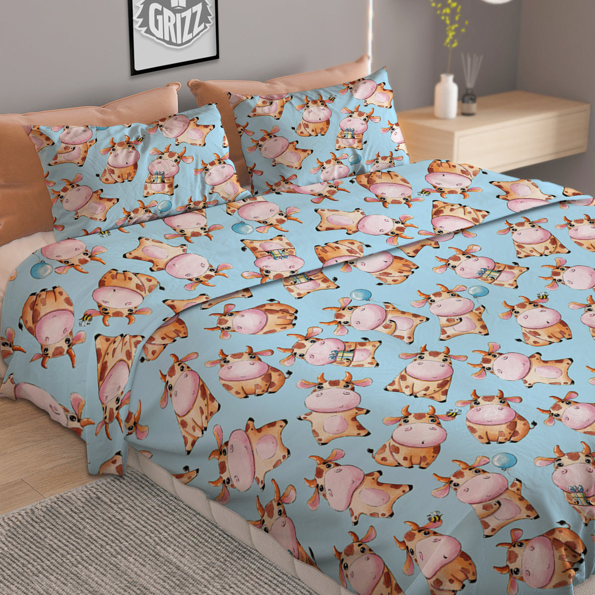 Cow Cartoon Watercolor Print Pattern Duvet Cover Bedding Set