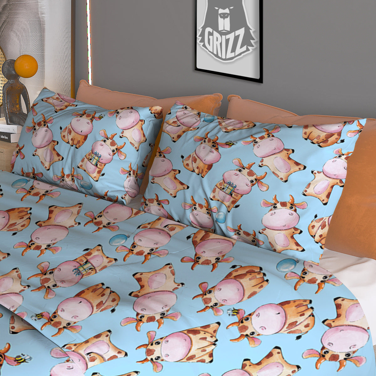 Cow Cartoon Watercolor Print Pattern Duvet Cover Bedding Set