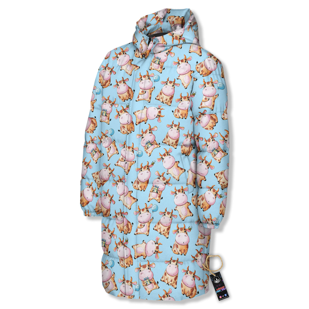 Cow Cartoon Watercolor Print Pattern Long Down Jacket-grizzshop