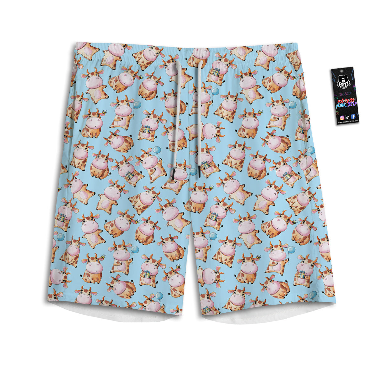 Cow Cartoon Watercolor Print Pattern Men's Athletic Shorts