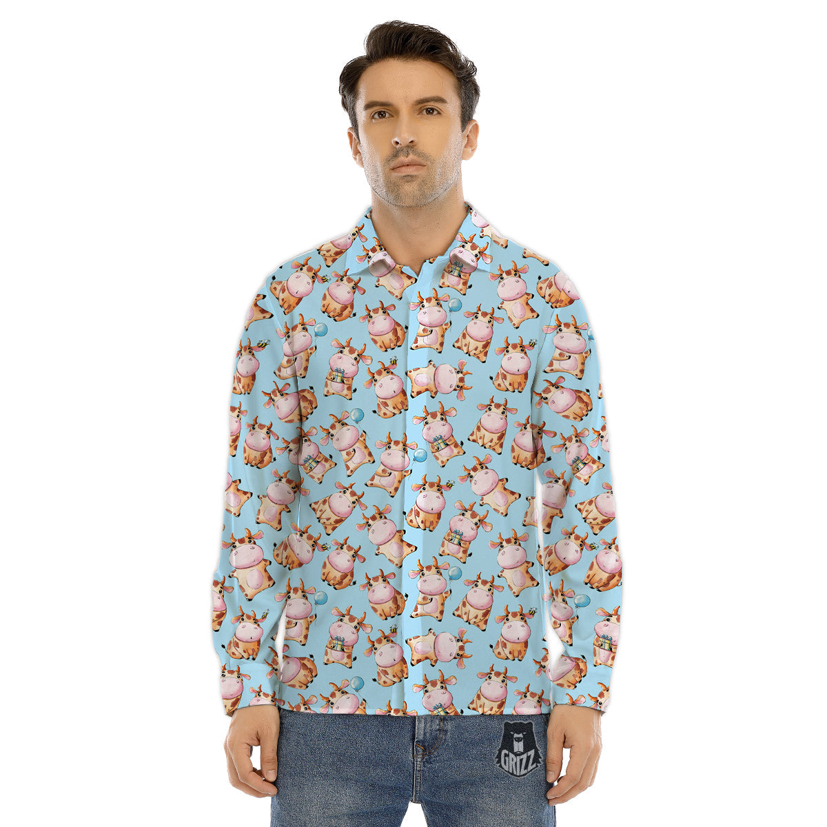 Cow Cartoon Watercolor Print Pattern Men's Dress Shirts-grizzshop