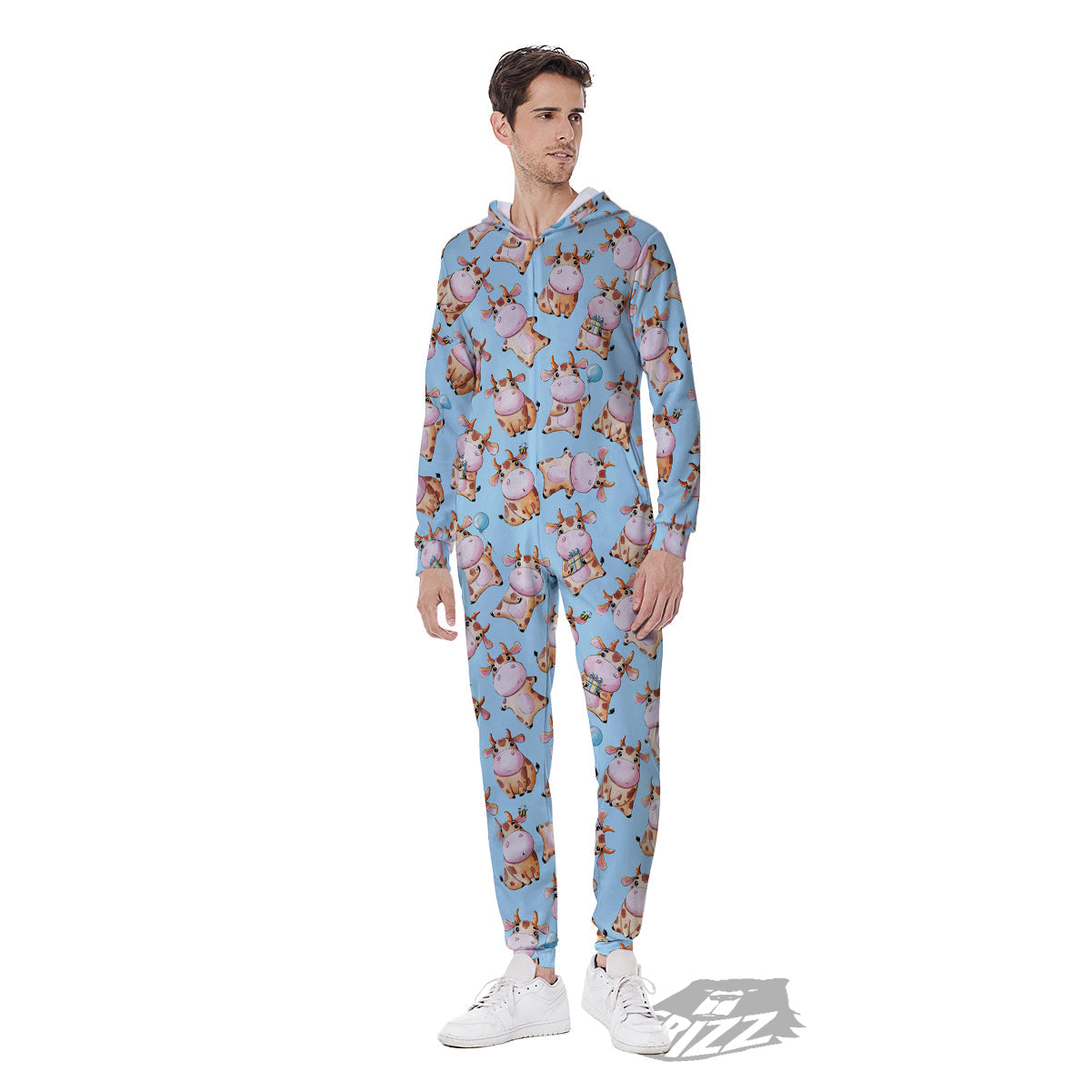 Cow Cartoon Watercolor Print Pattern Men's Jumpsuit-grizzshop