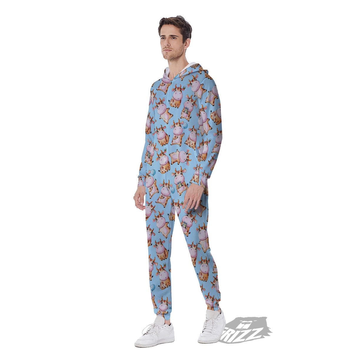 Cow Cartoon Watercolor Print Pattern Men's Jumpsuit-grizzshop