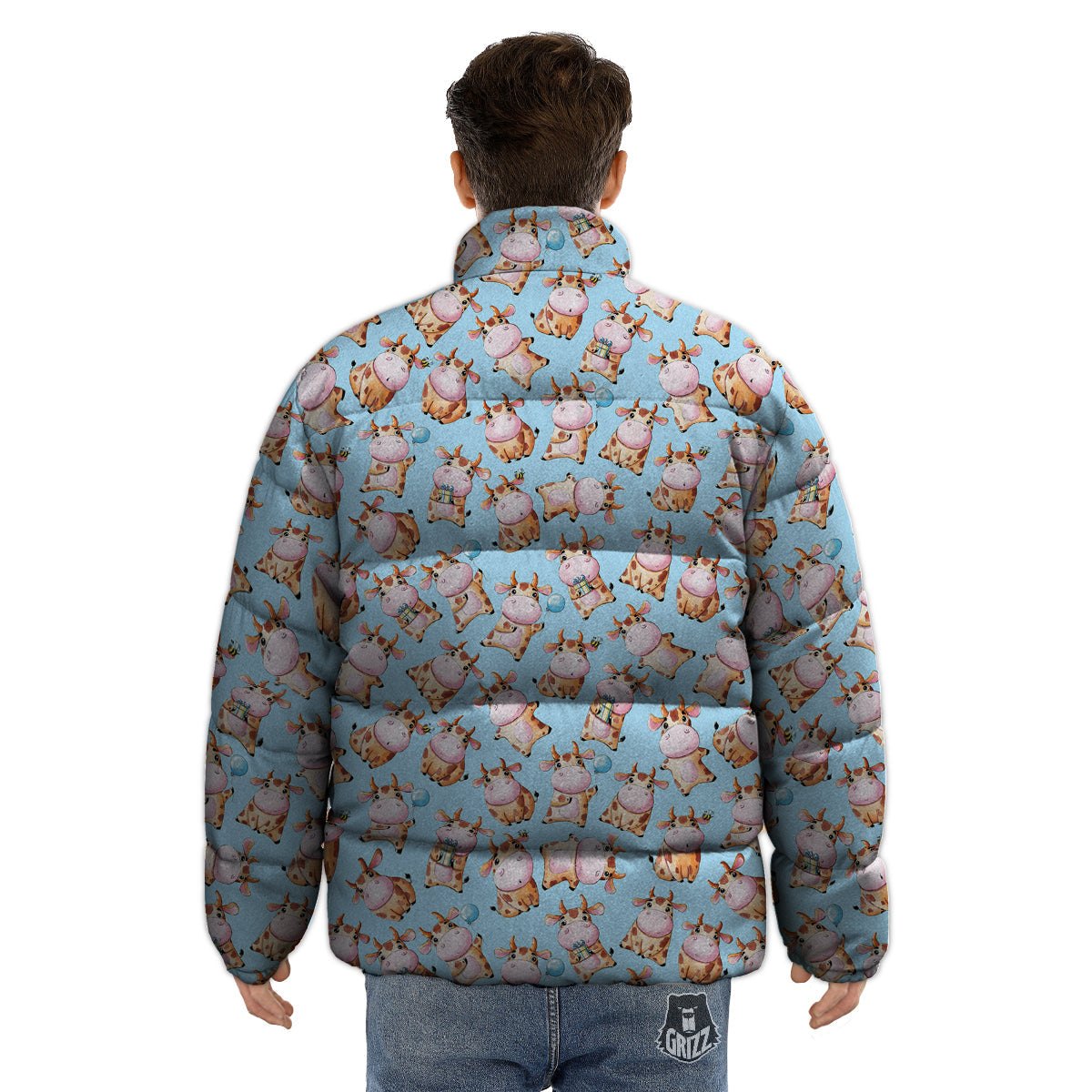 Cow Cartoon Watercolor Print Pattern Puffer Jacket-grizzshop