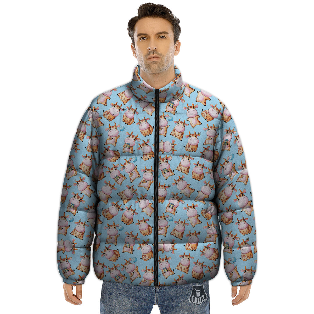 Cow Cartoon Watercolor Print Pattern Puffer Jacket-grizzshop