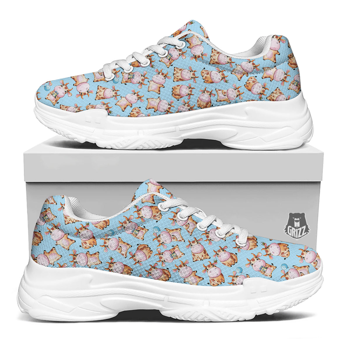 Cow Cartoon Watercolor Print Pattern White Chunky Shoes-grizzshop