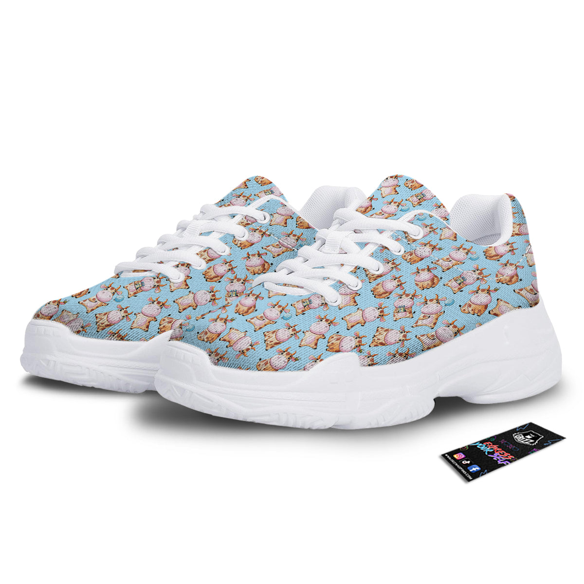 Cow Cartoon Watercolor Print Pattern White Chunky Shoes-grizzshop