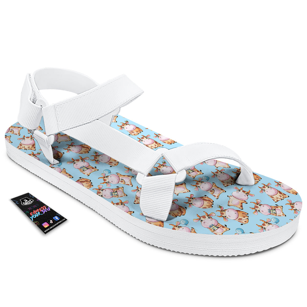 Cow Cartoon Watercolor Print Pattern White Open Toe Sandals-grizzshop