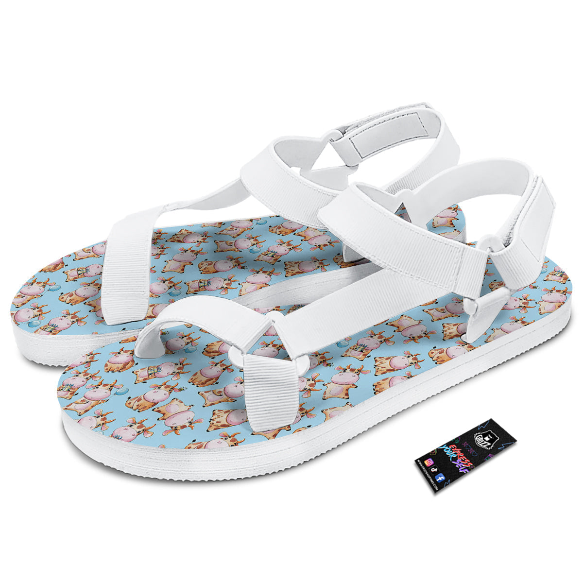 Cow Cartoon Watercolor Print Pattern White Open Toe Sandals-grizzshop