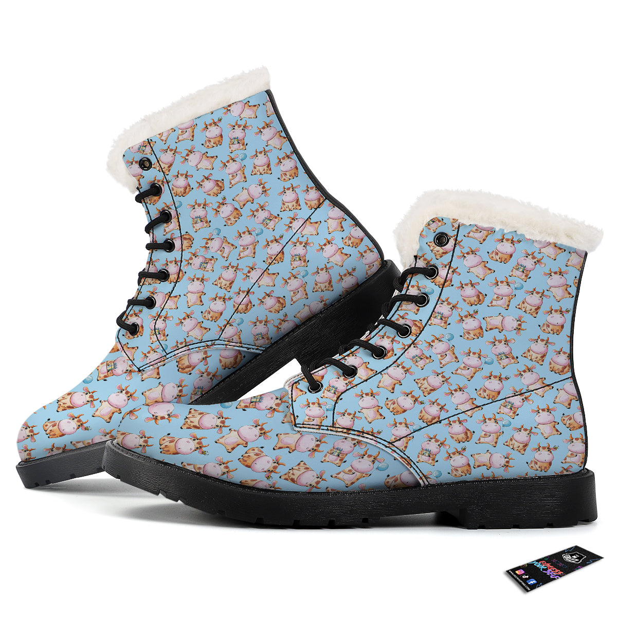 Cow Cartoon Watercolor Print Pattern Winter Boots-grizzshop