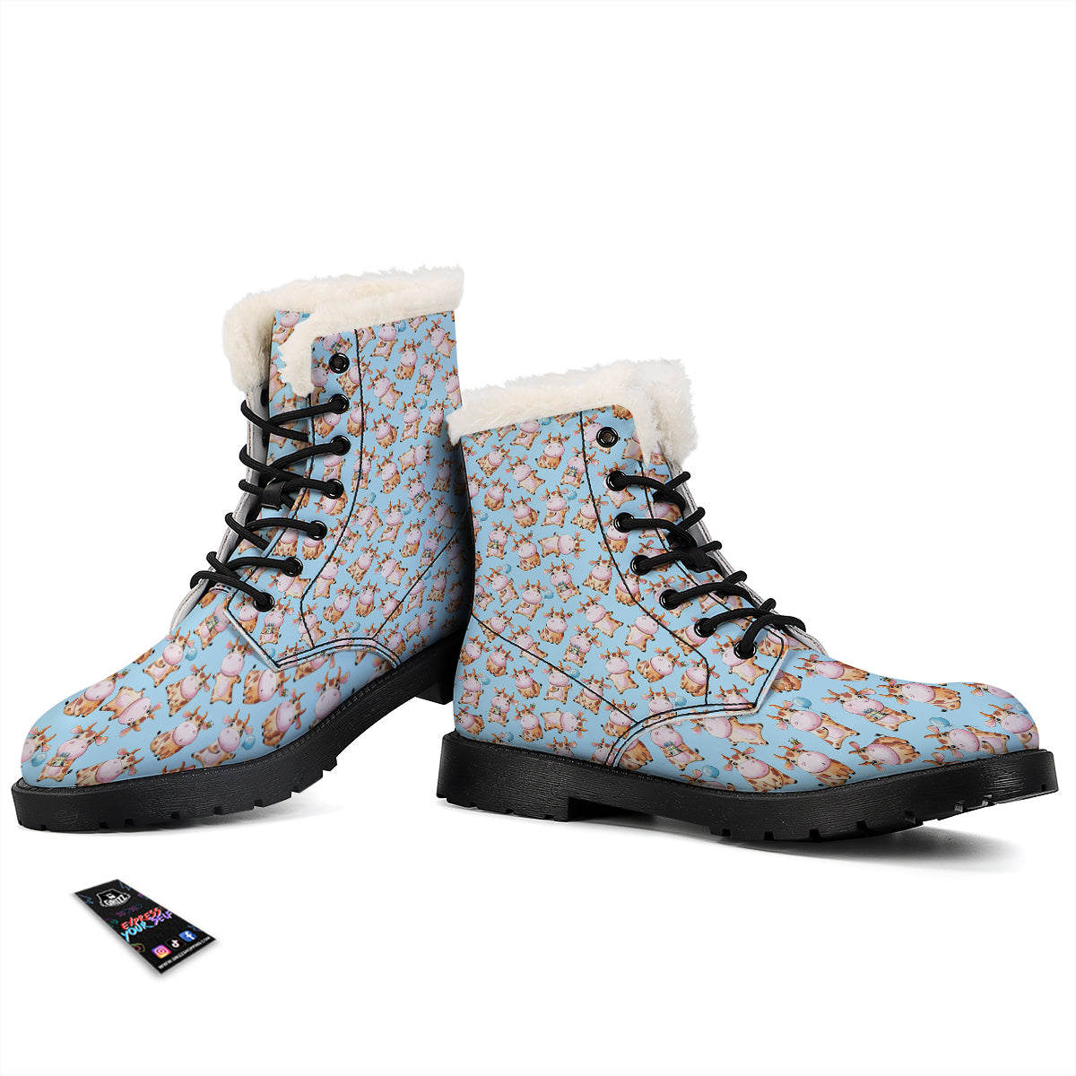 Cow Cartoon Watercolor Print Pattern Winter Boots-grizzshop