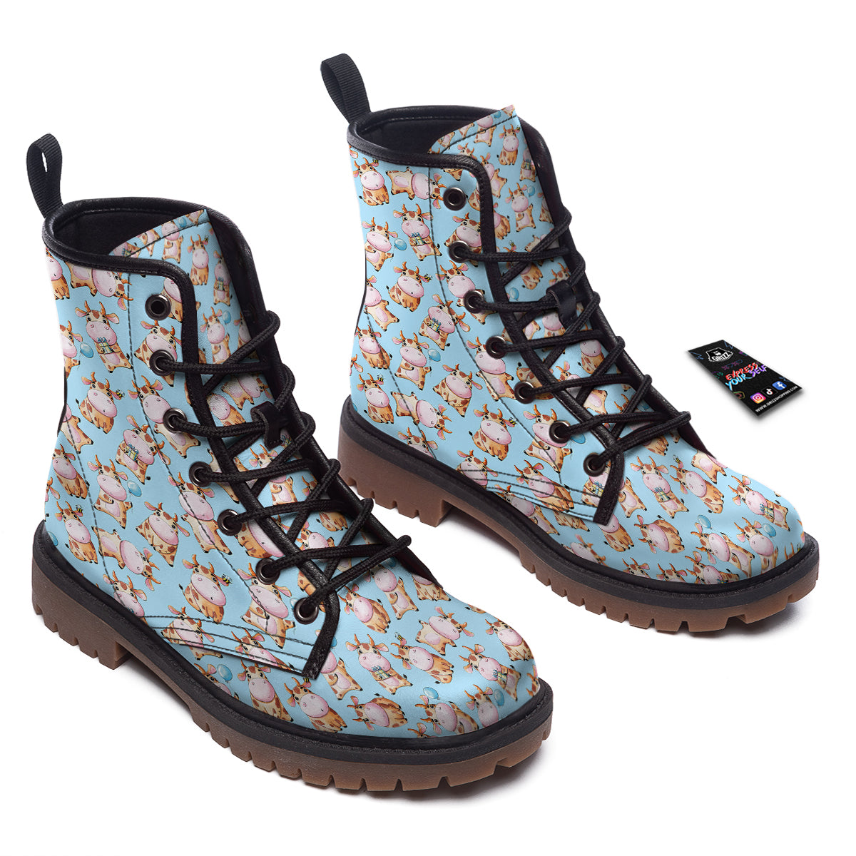 Cow Cartoon Watercolor Print Pattern Work Boots-grizzshop