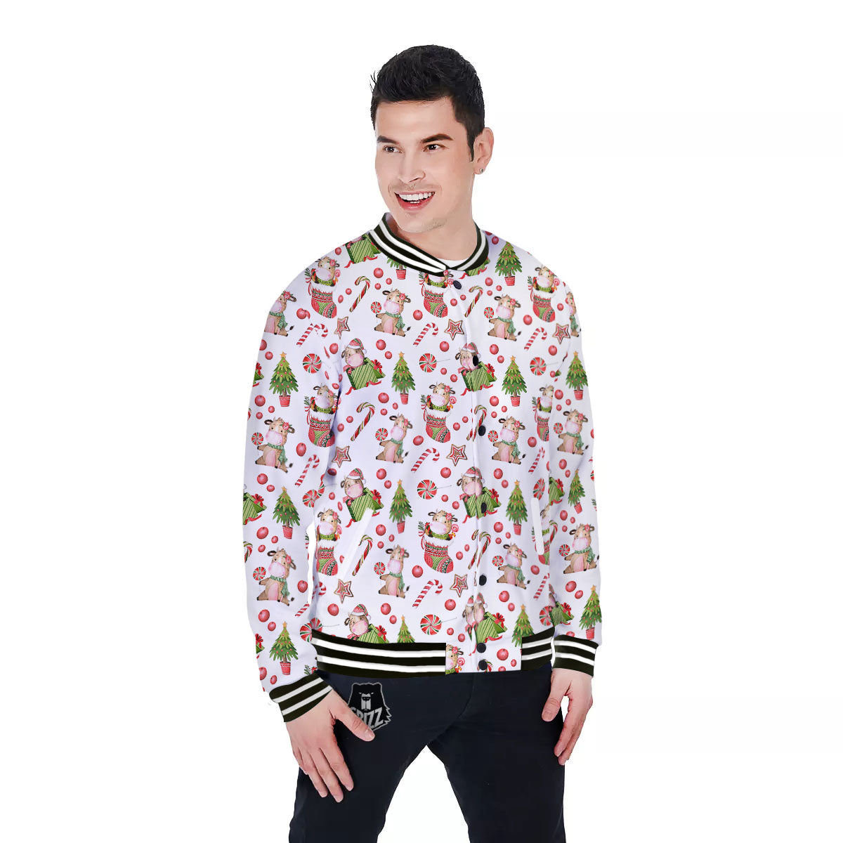 Cow Christmas Print Pattern Baseball Jacket-grizzshop