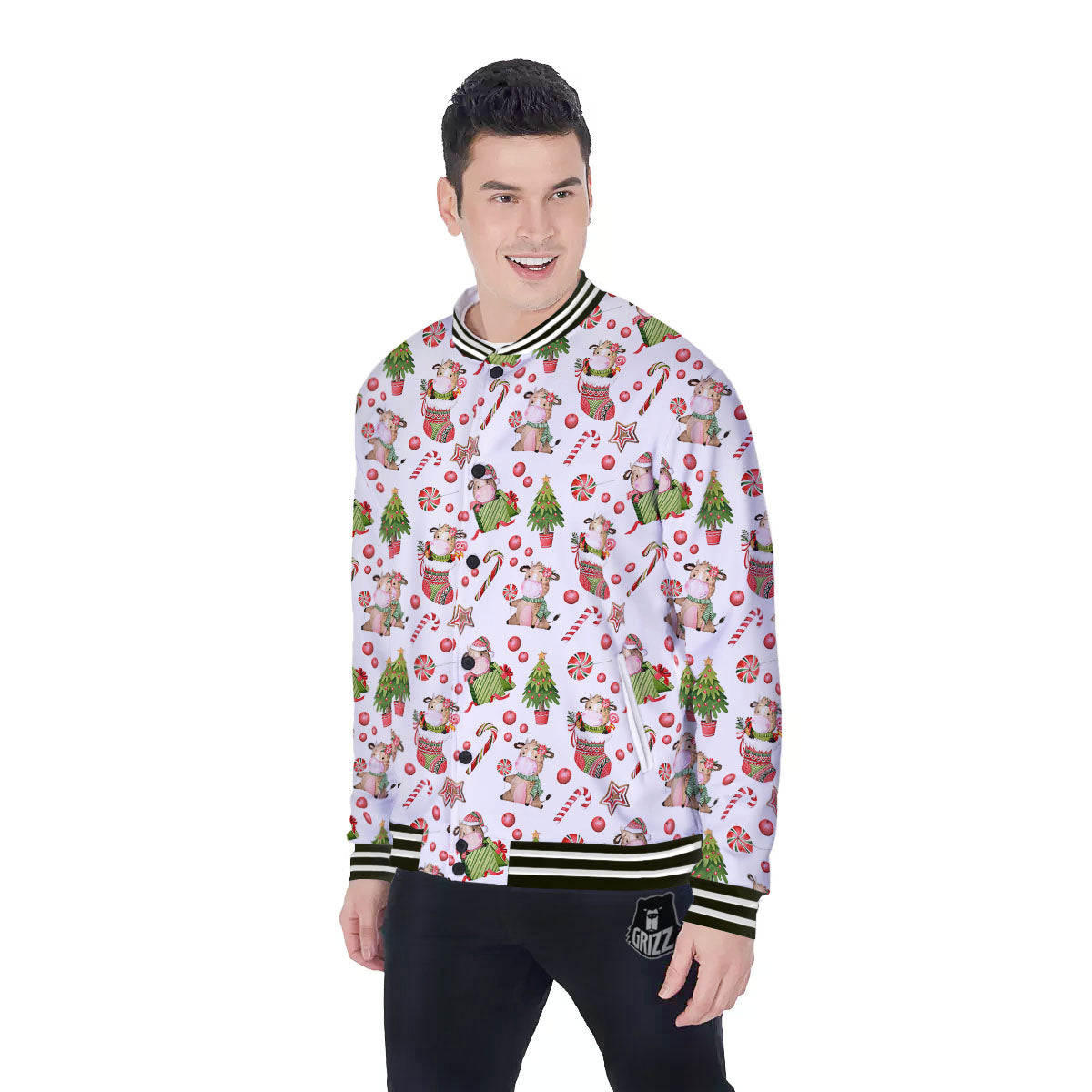 Cow Christmas Print Pattern Baseball Jacket-grizzshop