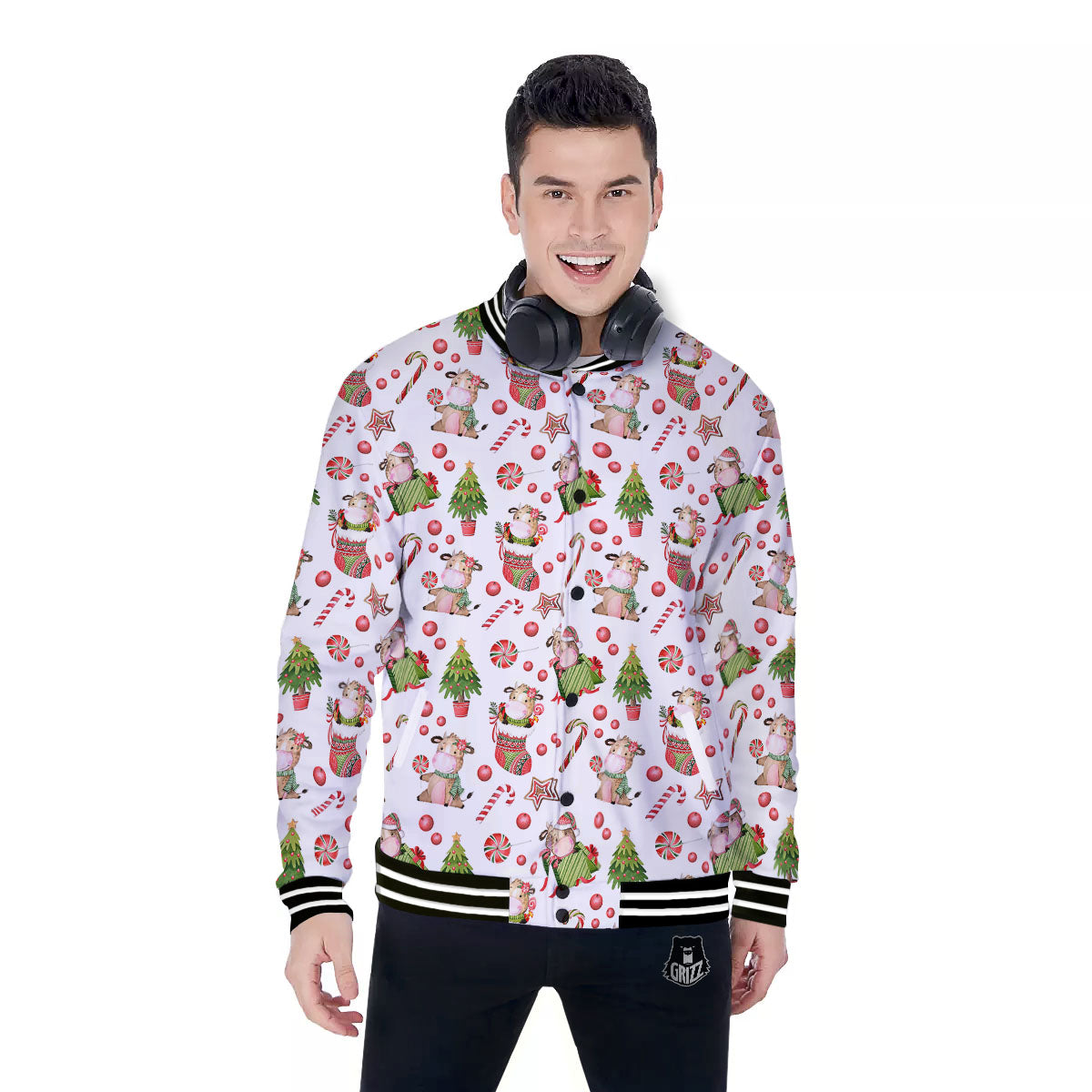 Cow Christmas Print Pattern Baseball Jacket-grizzshop